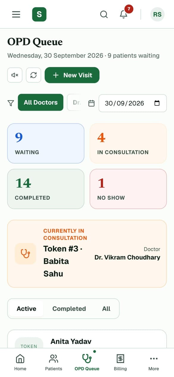 Clinizy Care OPD queue on a phone browser