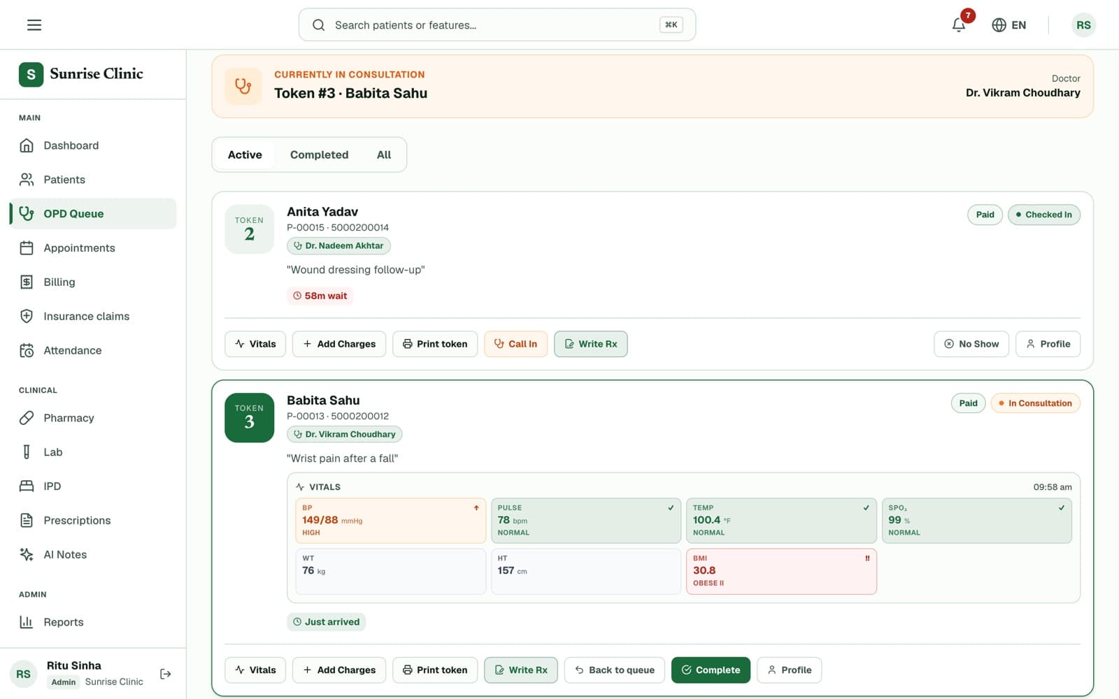Clinizy Care live OPD queue with token numbers, payment and check-in status, and a vitals panel flagging high blood pressure