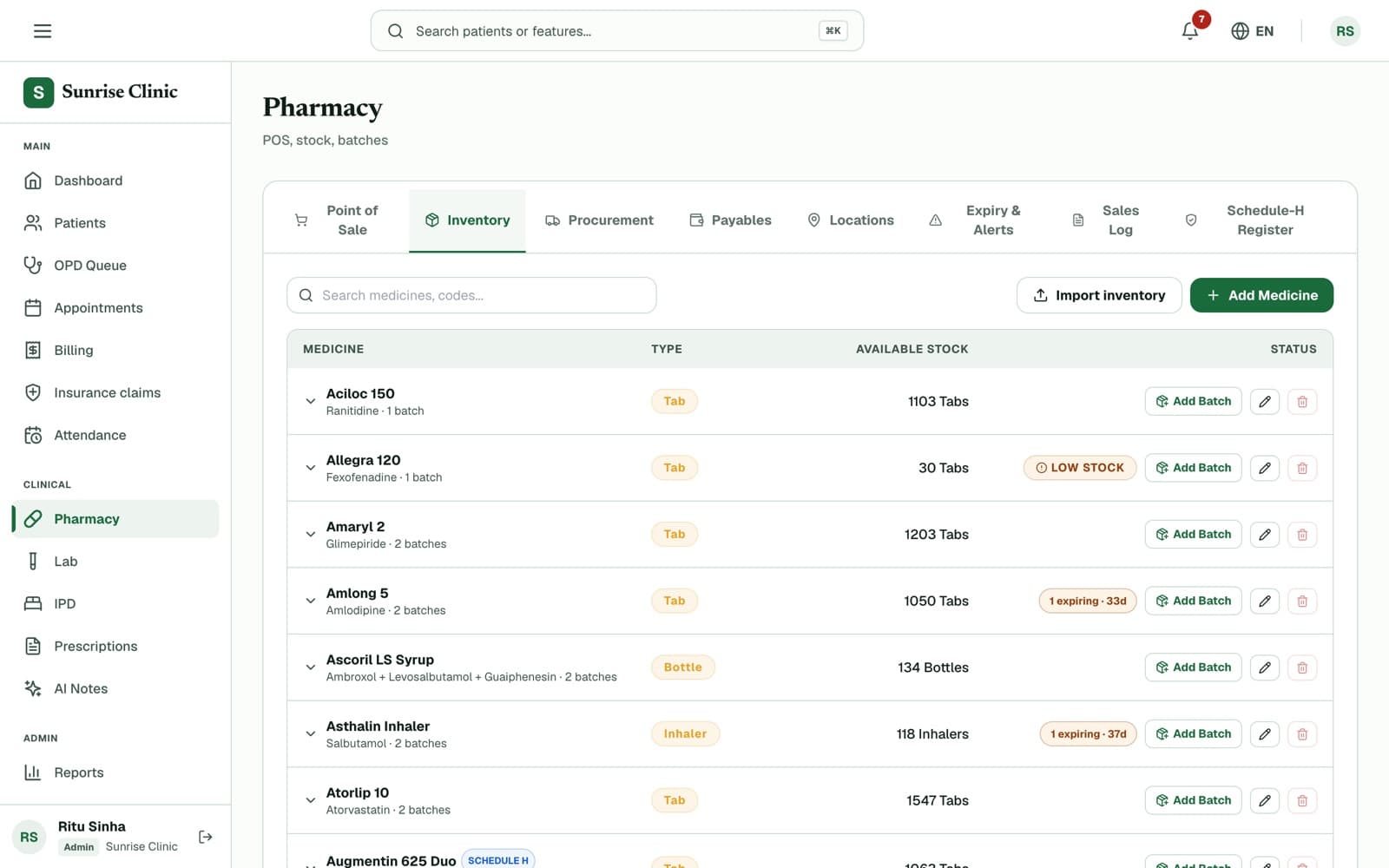 Clinizy Care pharmacy inventory listing stock by batch with low-stock and near-expiry badges