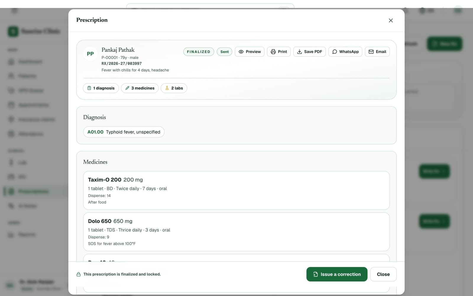 A finalized digital prescription in Clinizy Care with an ICD-10 diagnosis and medicines with dosing instructions